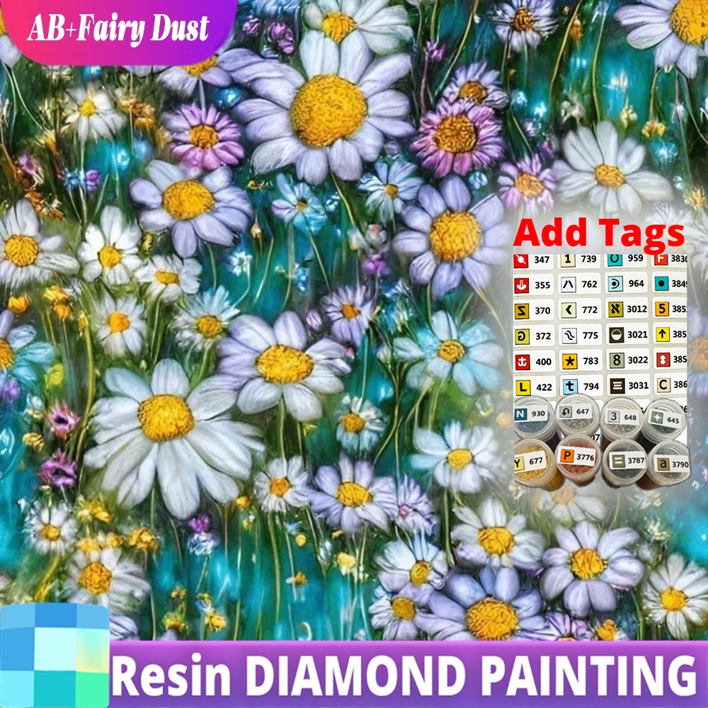 Embroidery Daisy Flower - AB Fairy Dust Resin Full Square