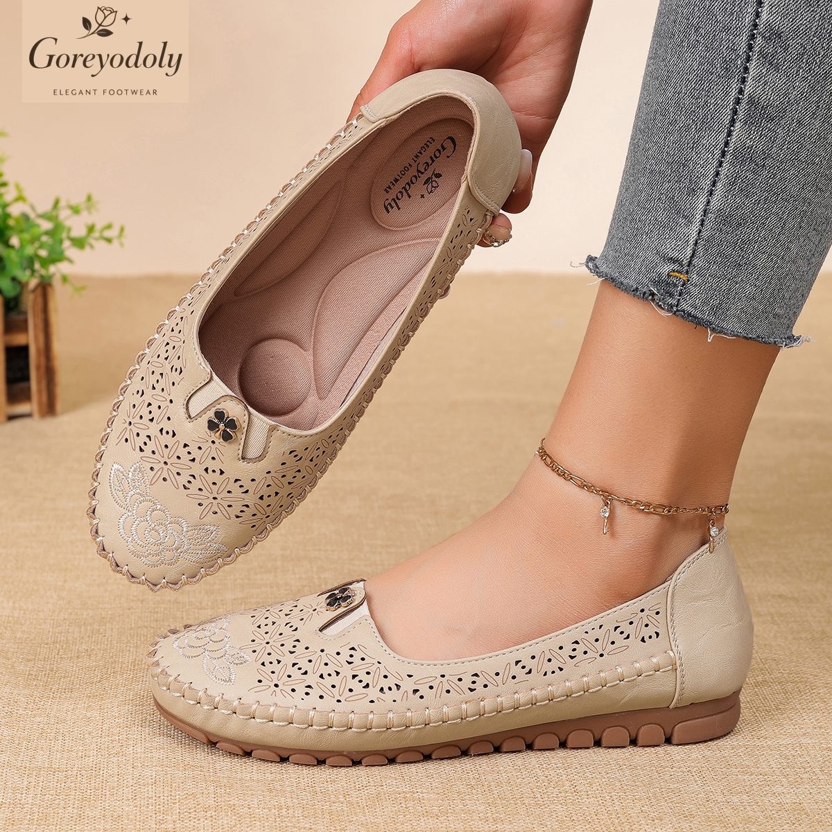 Embroidery Design - Goreyodoly women loafers floral embroidery hollow