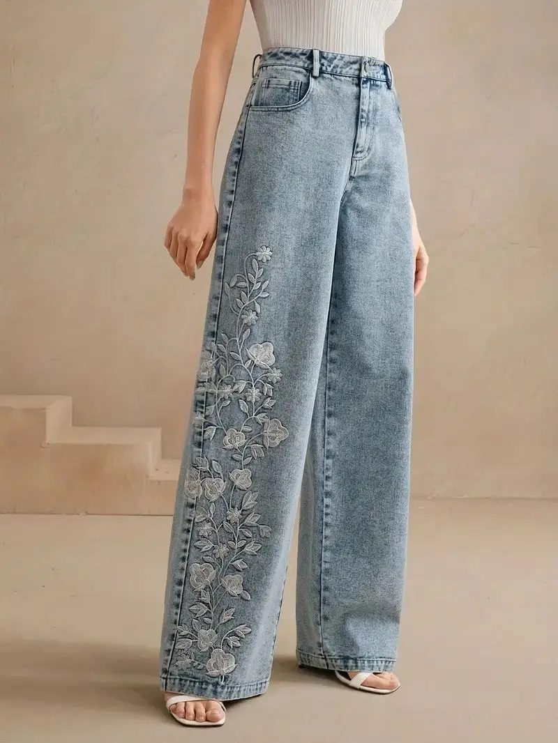Embroidery Jeans - Women's plus Size Y2K Straight Leg