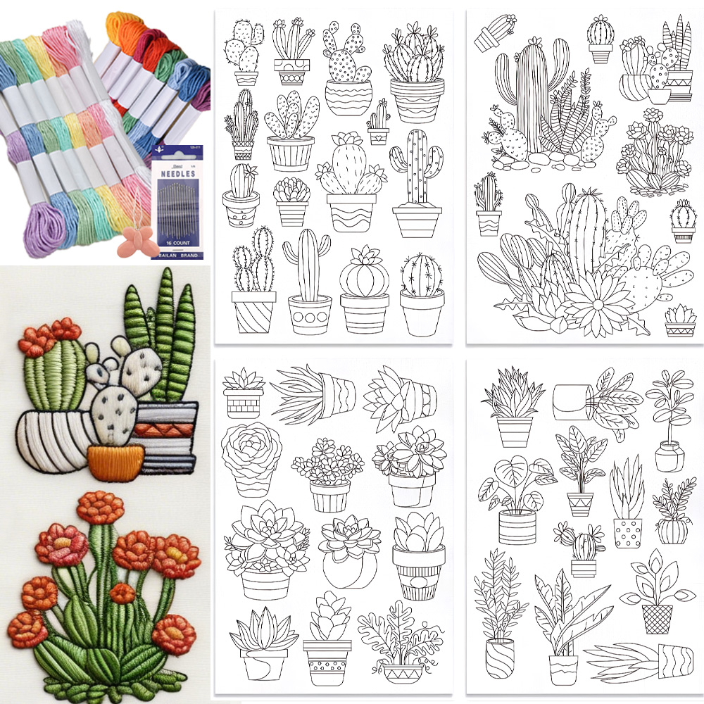 Water Soluble Stabilizer - 48Pcs Cactus Embroidery Self-Adhesive Kit, Water-Soluble