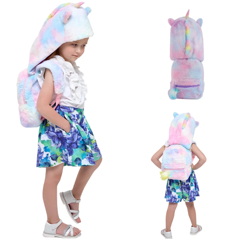 Embroidery Unicorn - Children Cartoon Unicorn Hooded Plush Backpack