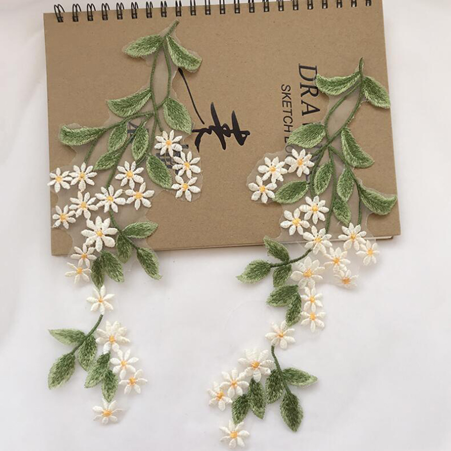 1Pairs Green Leaf Daisy Flower - Embroidery Daisy Flower avaliação e preço