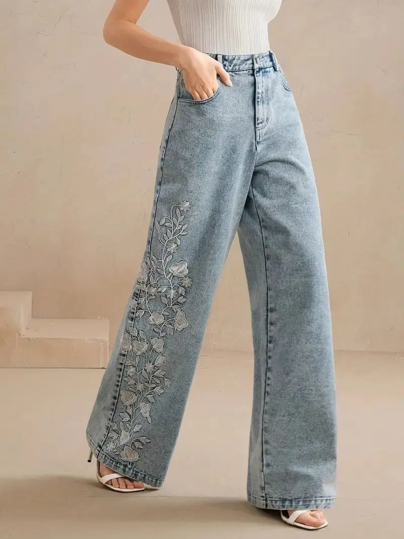 Women's plus Size Y2K Straight - Embroidery Jeans avaliação e preço