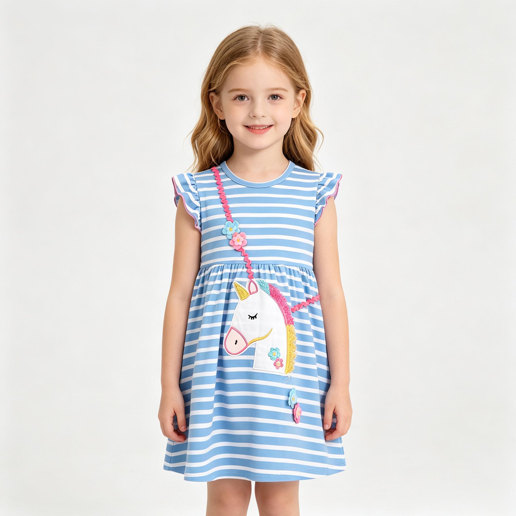 Girls Casual Ruffle Dress Cute - Embroidery Unicorn avaliação e preço