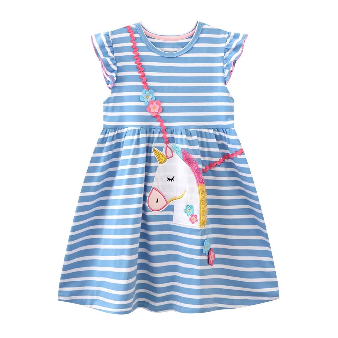 Girls Casual Ruffle Dress Cute - Embroidery Unicorn avaliação e preço